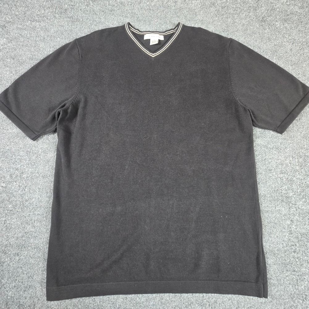 Geoffrey Beene Knit Sweater Mens Medium Black  V-Neck Short Sleeve Striped